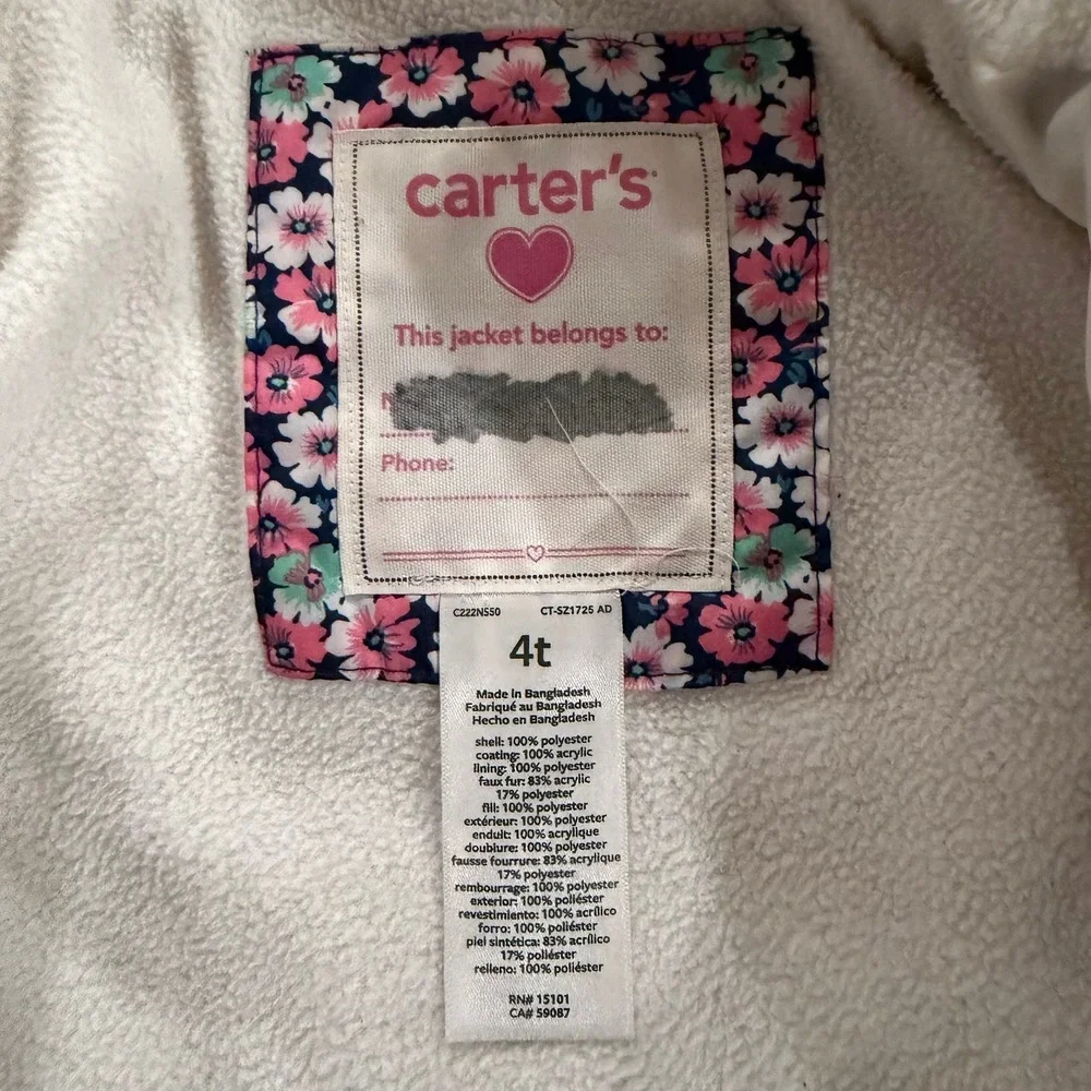 Carter's Girls 4T Floral Puffer Jacket Pink Blue Hooded Fleece Lined Winter Coat